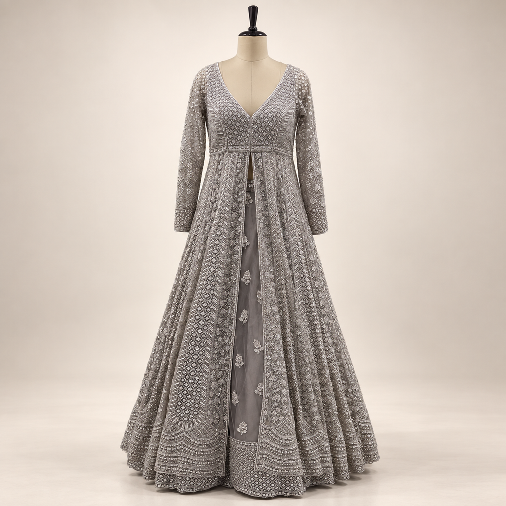 Brown Embellished Front-Cut Netted Gown