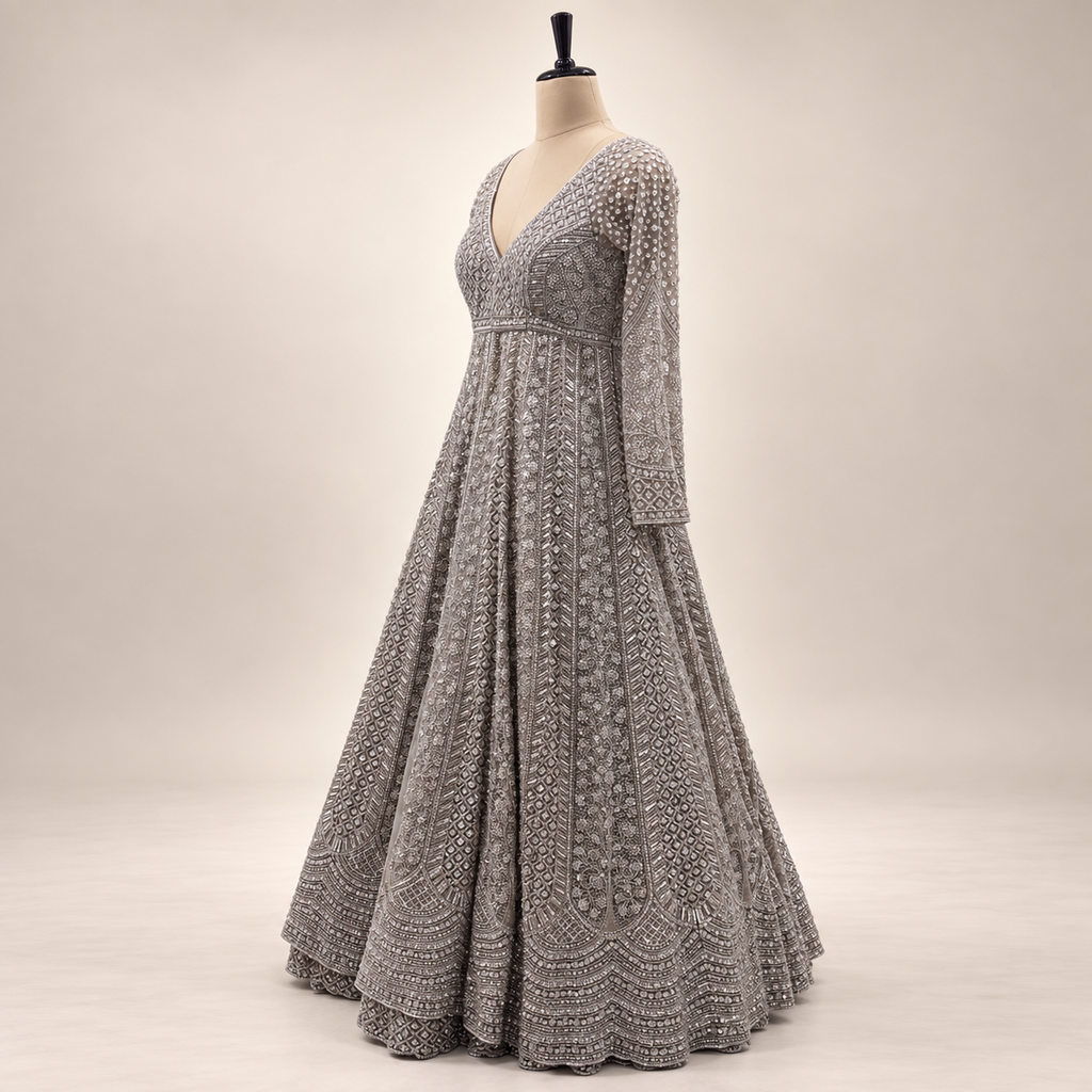 Brown Embellished Front-Cut Netted Gown