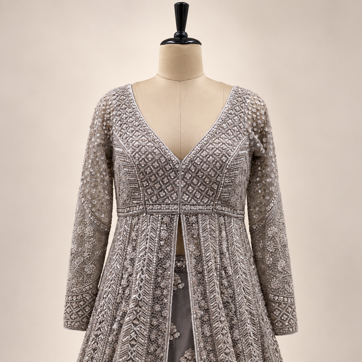 Brown Embellished Front-Cut Netted Gown