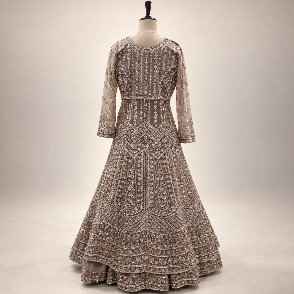 Beige Embroidered Front-Cut Gown with Sheer Dupatta