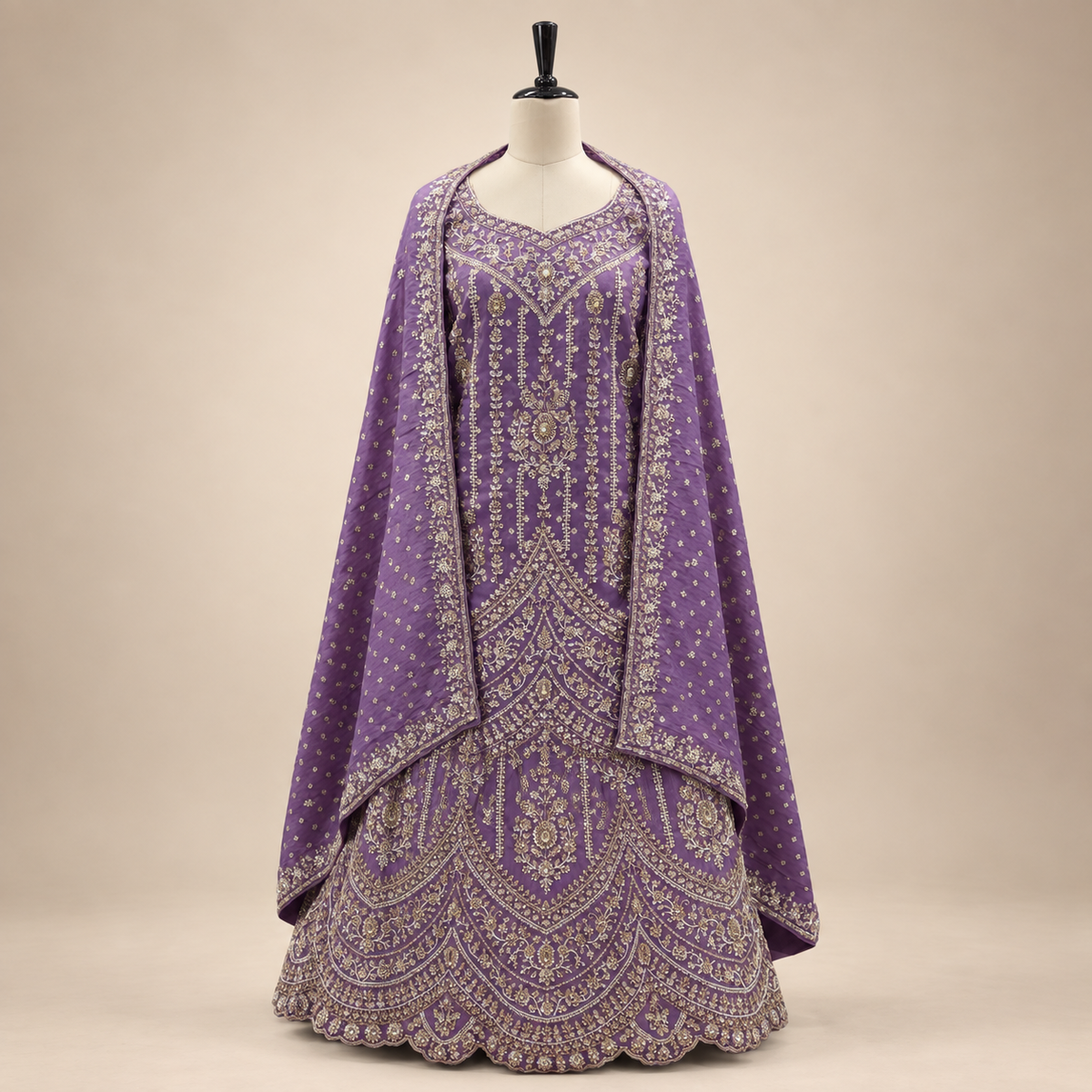 Lavender Embroidered Pakistani Gown with Sheer Dupatta