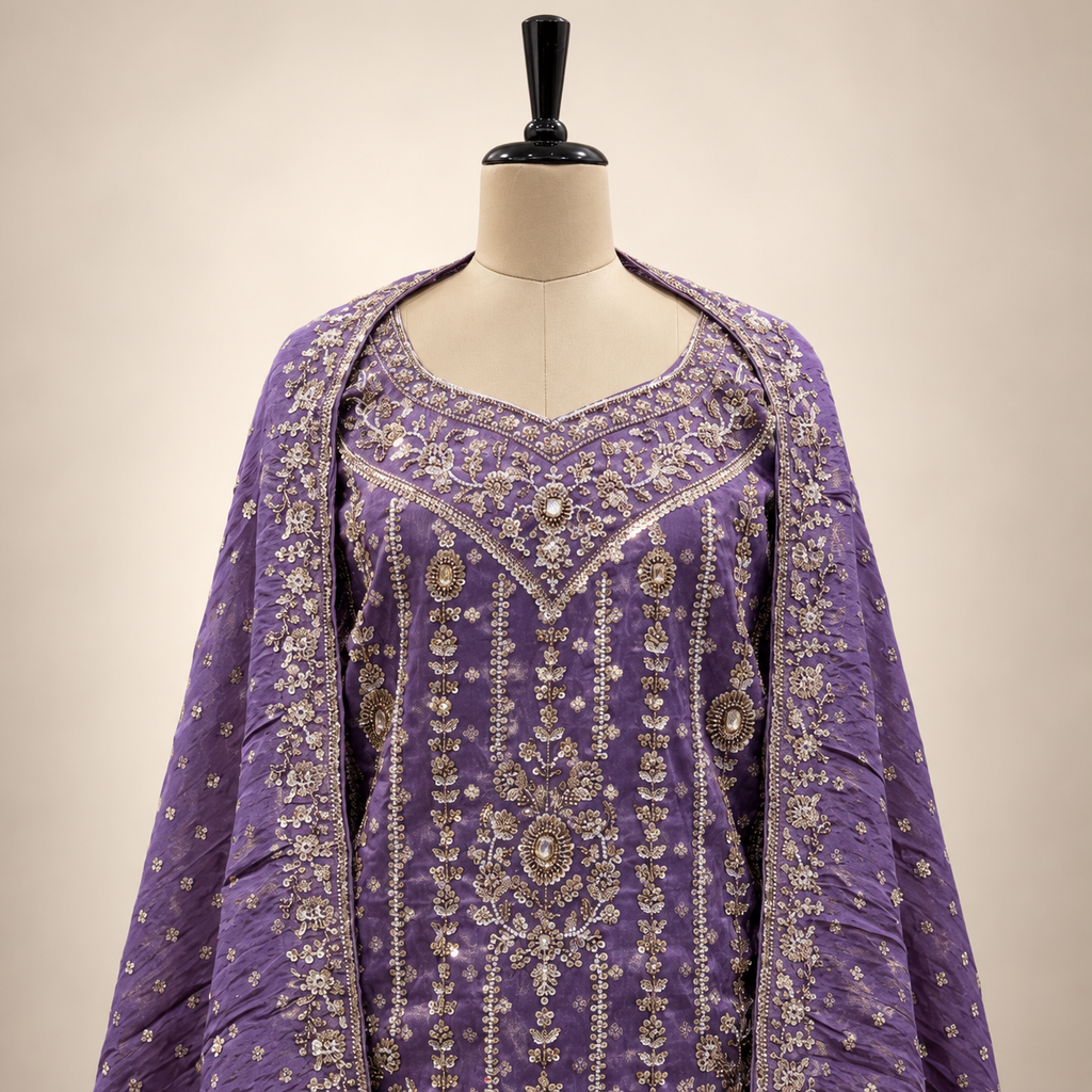 Lavender Embroidered Pakistani Gown with Sheer Dupatta