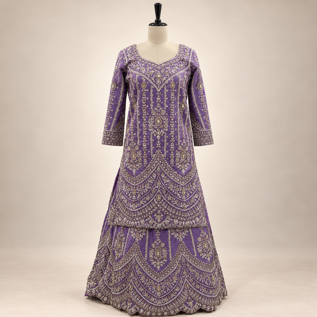 Lavender Embroidered Pakistani Gown with Sheer Dupatta