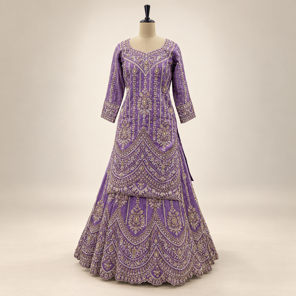 Lavender Embroidered Pakistani Gown with Sheer Dupatta