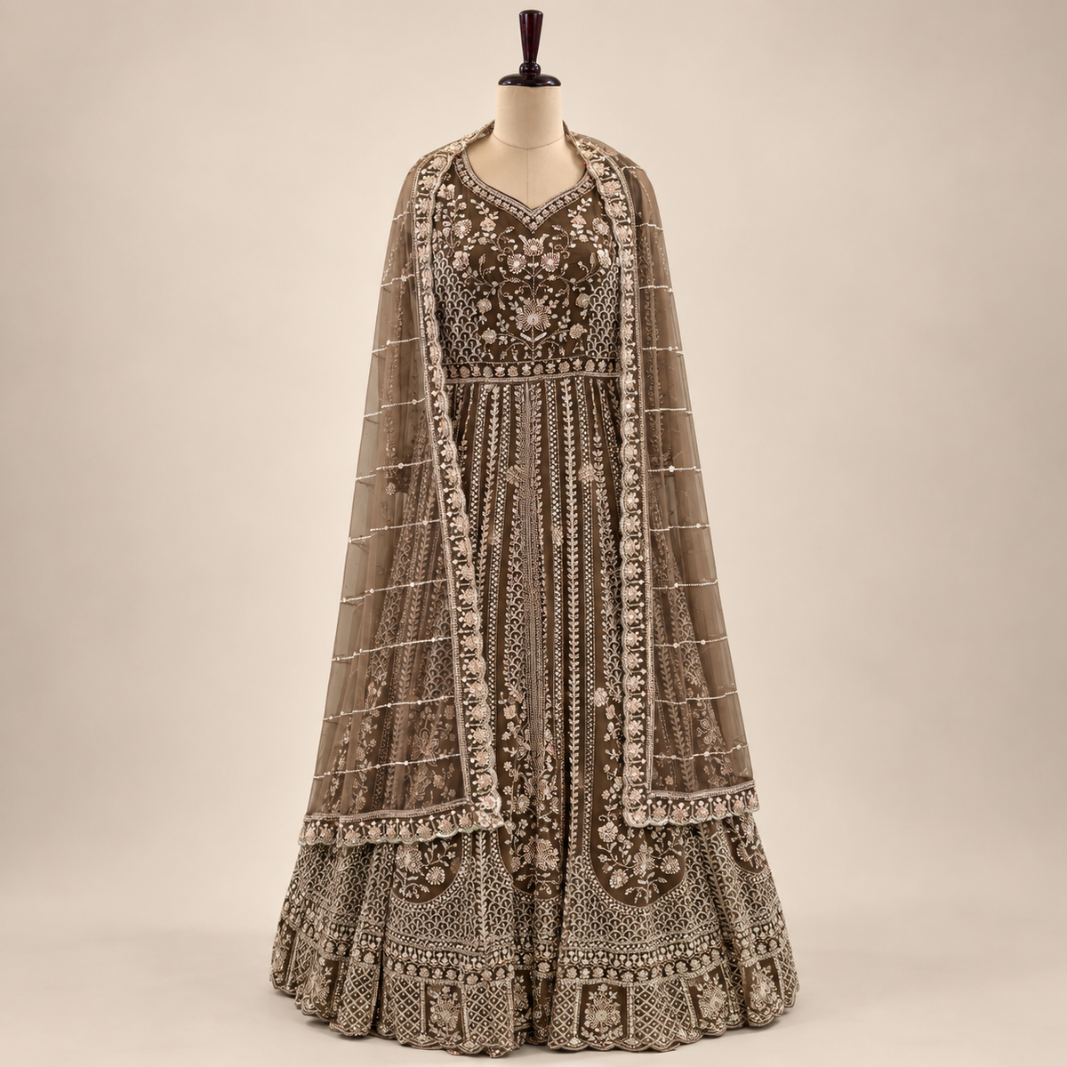 Royal Brown Embroidered Net Gown