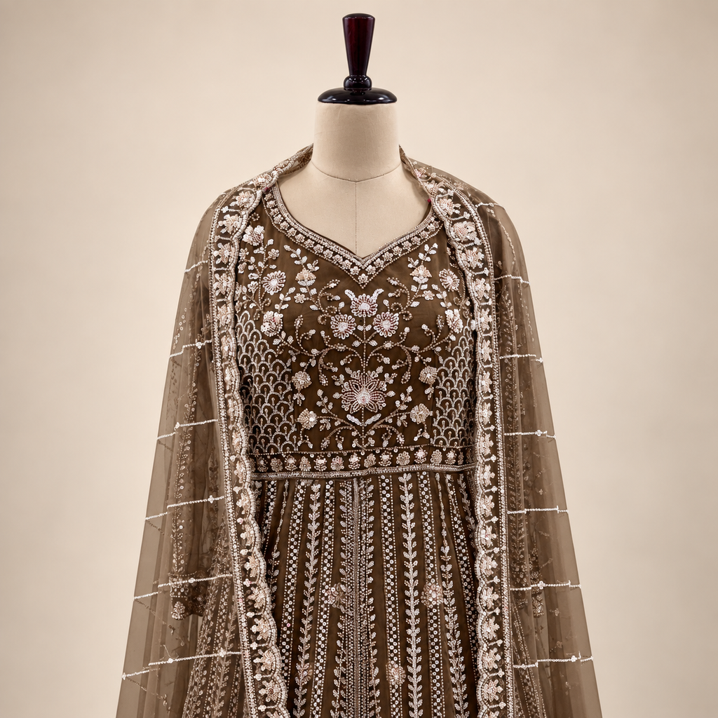 Royal Brown Embroidered Net Gown