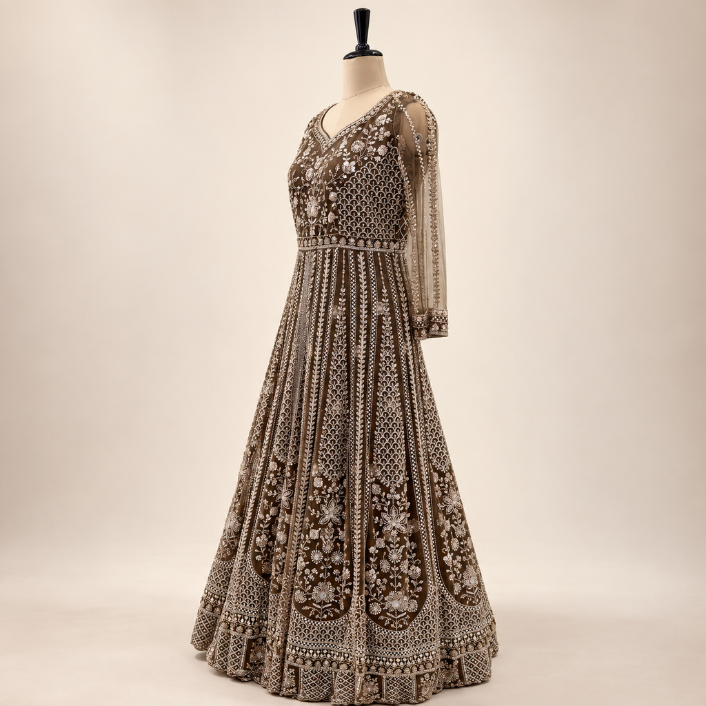Royal Brown Embroidered Net Gown