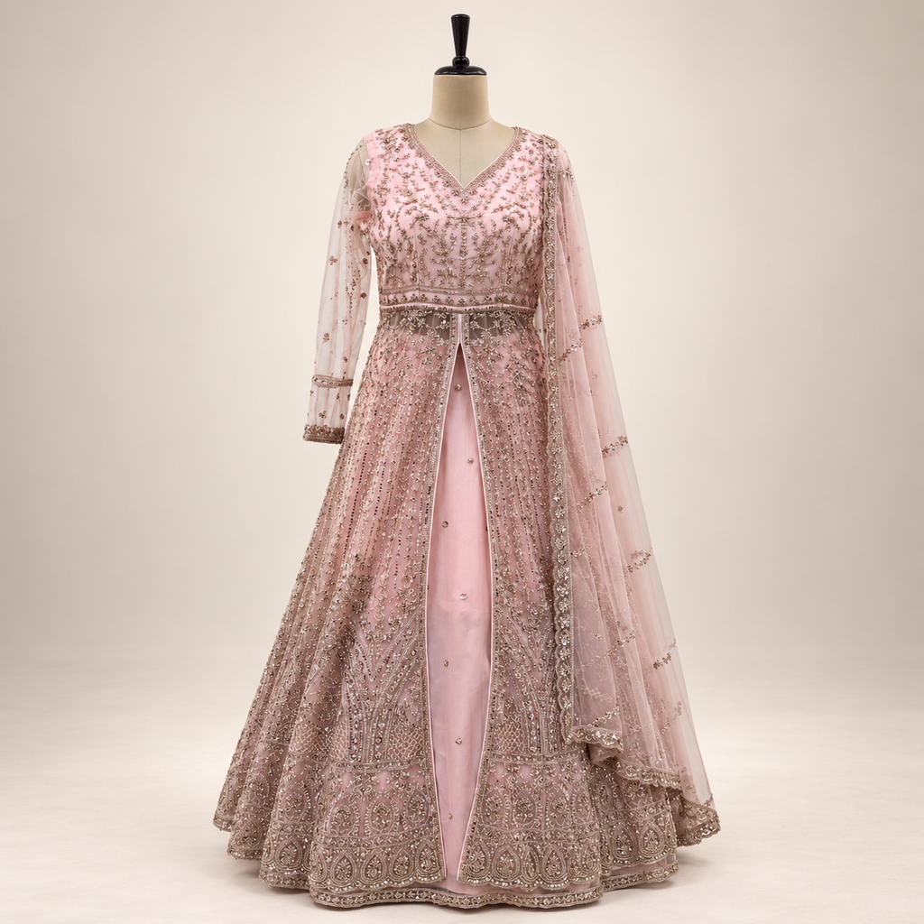 Peach Embroidered Front-Cut Gown with Sheer Dupatta