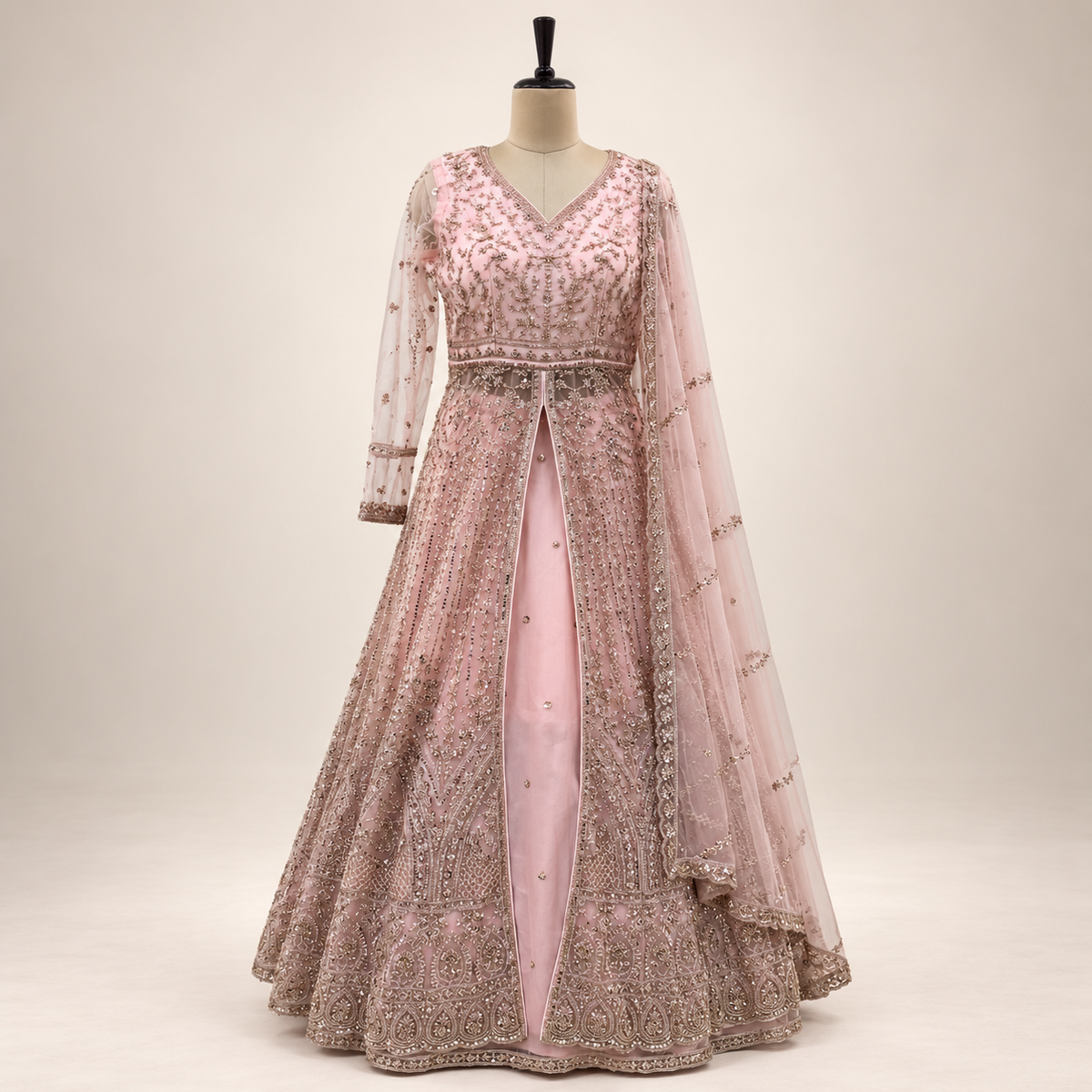 Peach Embroidered Front-Cut Gown with Sheer Dupatta