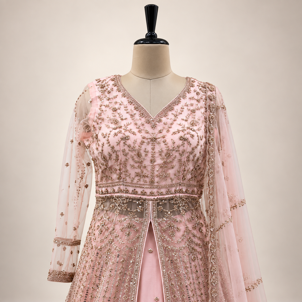 Peach Embroidered Front-Cut Gown with Sheer Dupatta