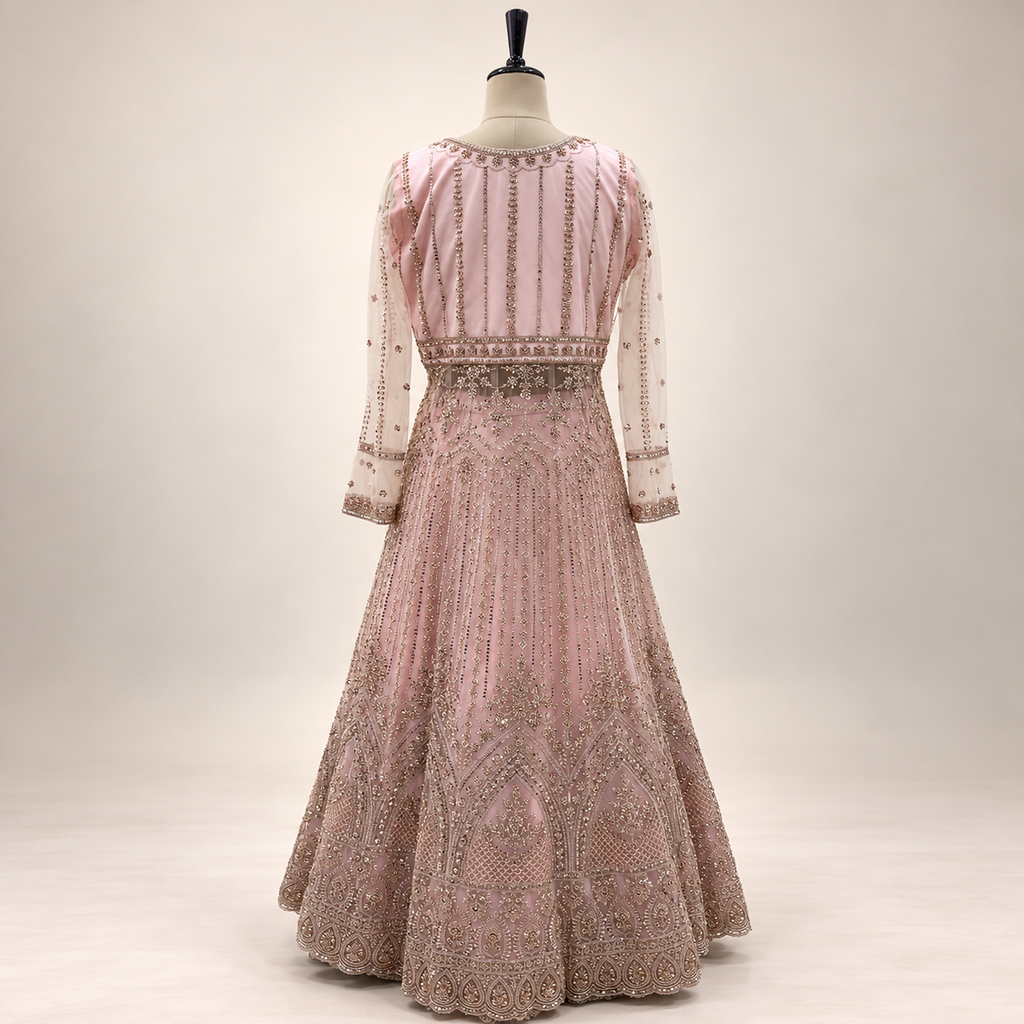 Peach Embroidered Front-Cut Gown with Sheer Dupatta
