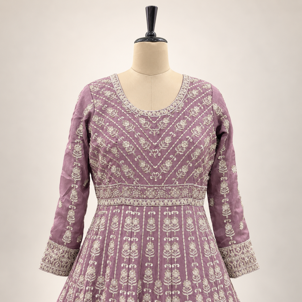 Onion Pink Embroidered Flared Gown