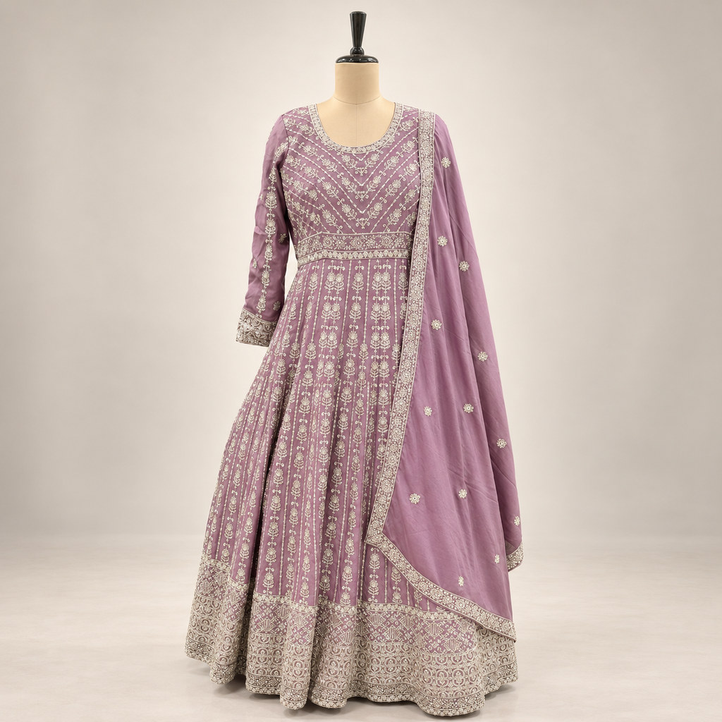 Onion Pink Embroidered Flared Gown