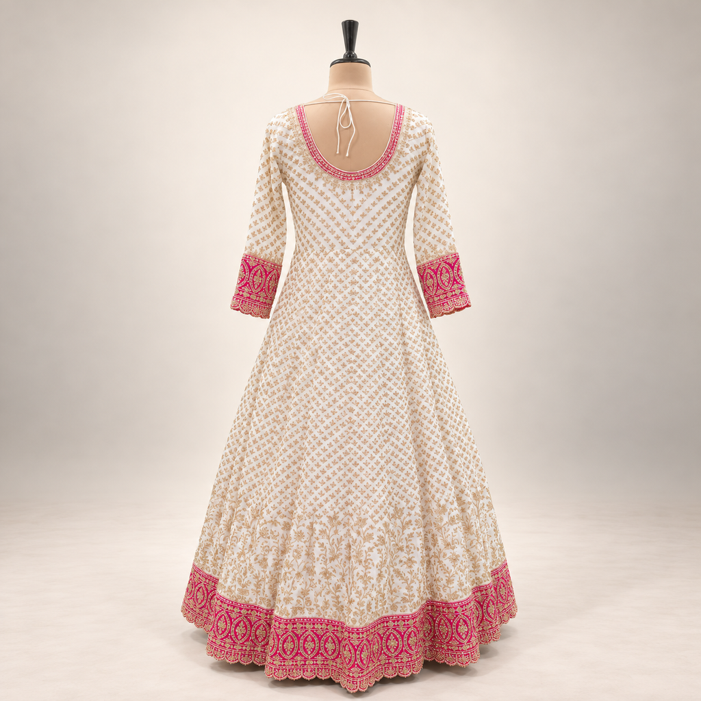 Cream Embroidered Georgette Gown with Contrast Pink Border &amp; Dupatta