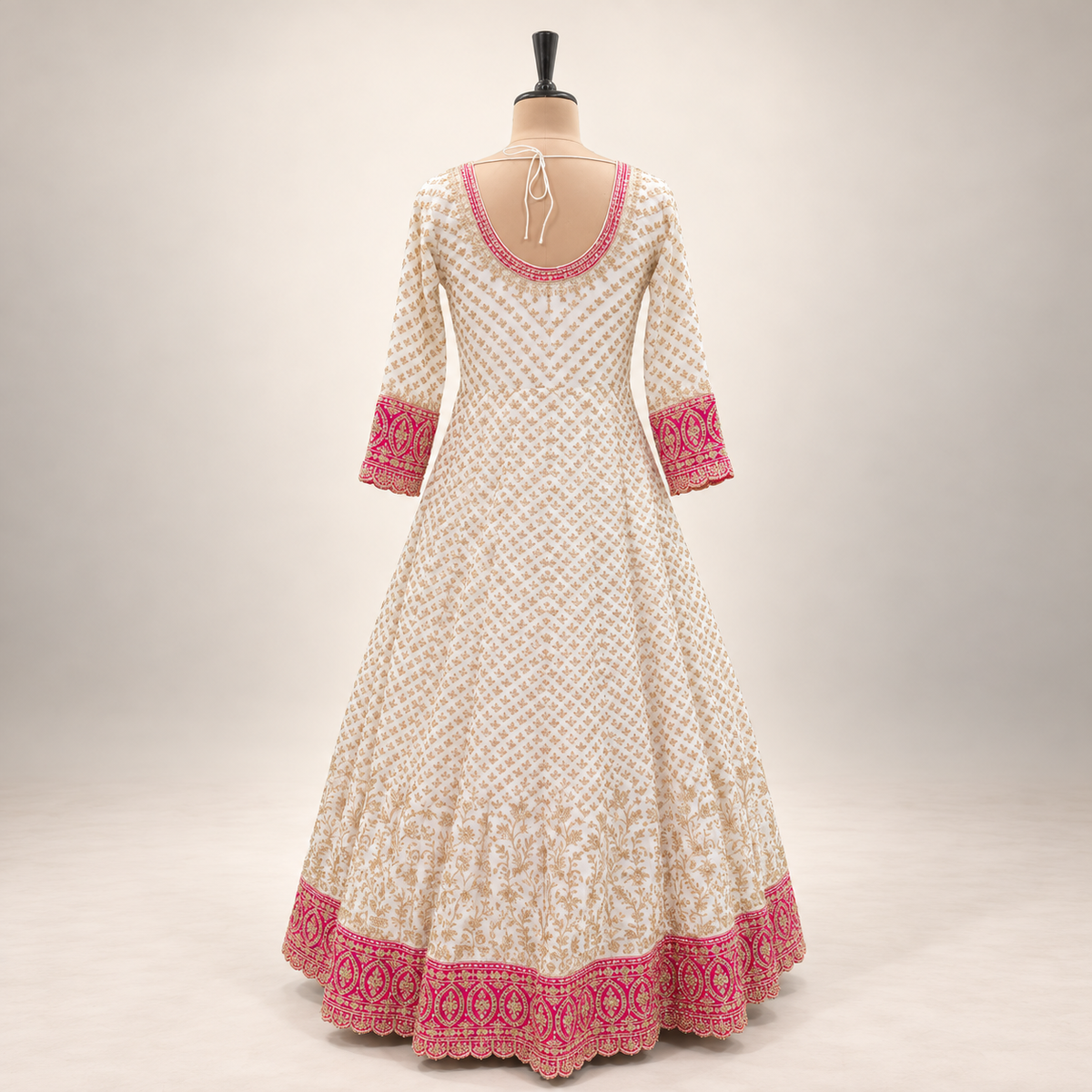 Cream Embroidered Georgette Gown with Contrast Pink Border &amp; Dupatta