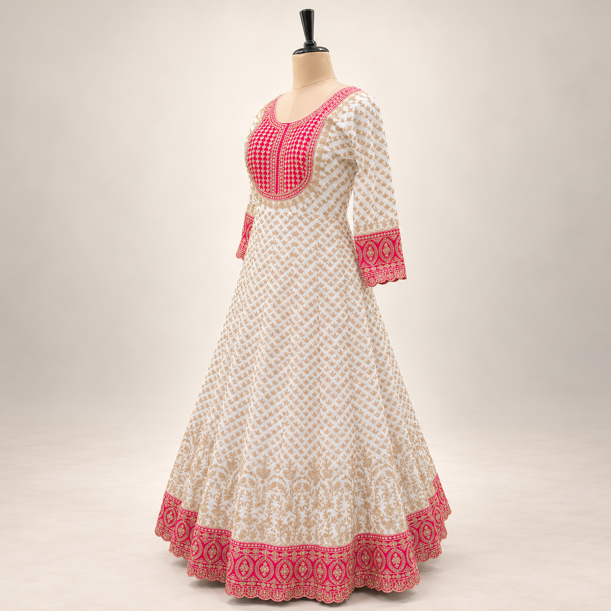 Cream Embroidered Georgette Gown with Contrast Pink Border &amp; Dupatta