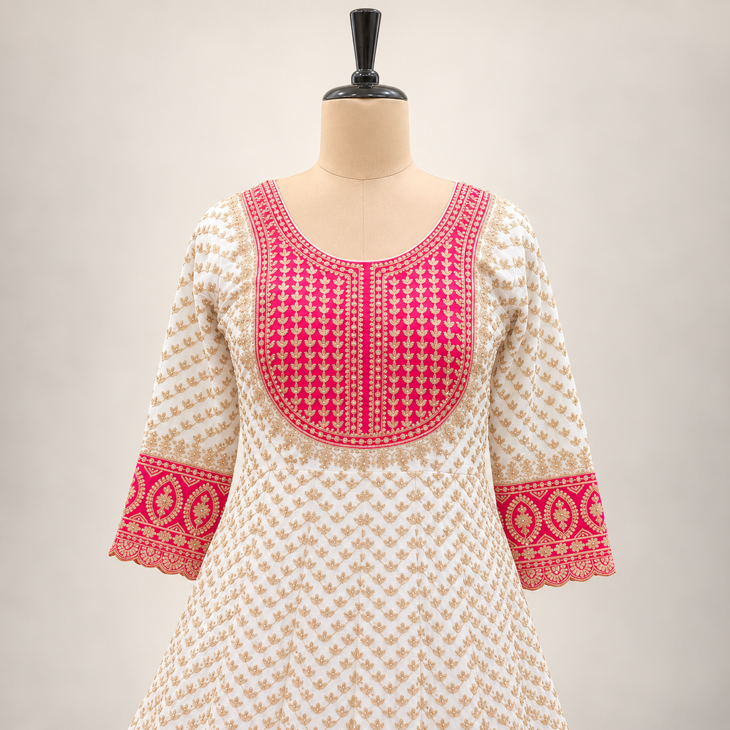 Cream Embroidered Georgette Gown with Contrast Pink Border &amp; Dupatta