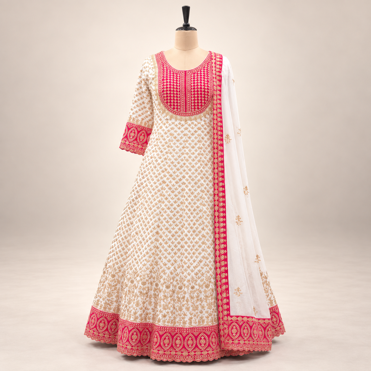 Cream Embroidered Georgette Gown with Contrast Pink Border &amp; Dupatta