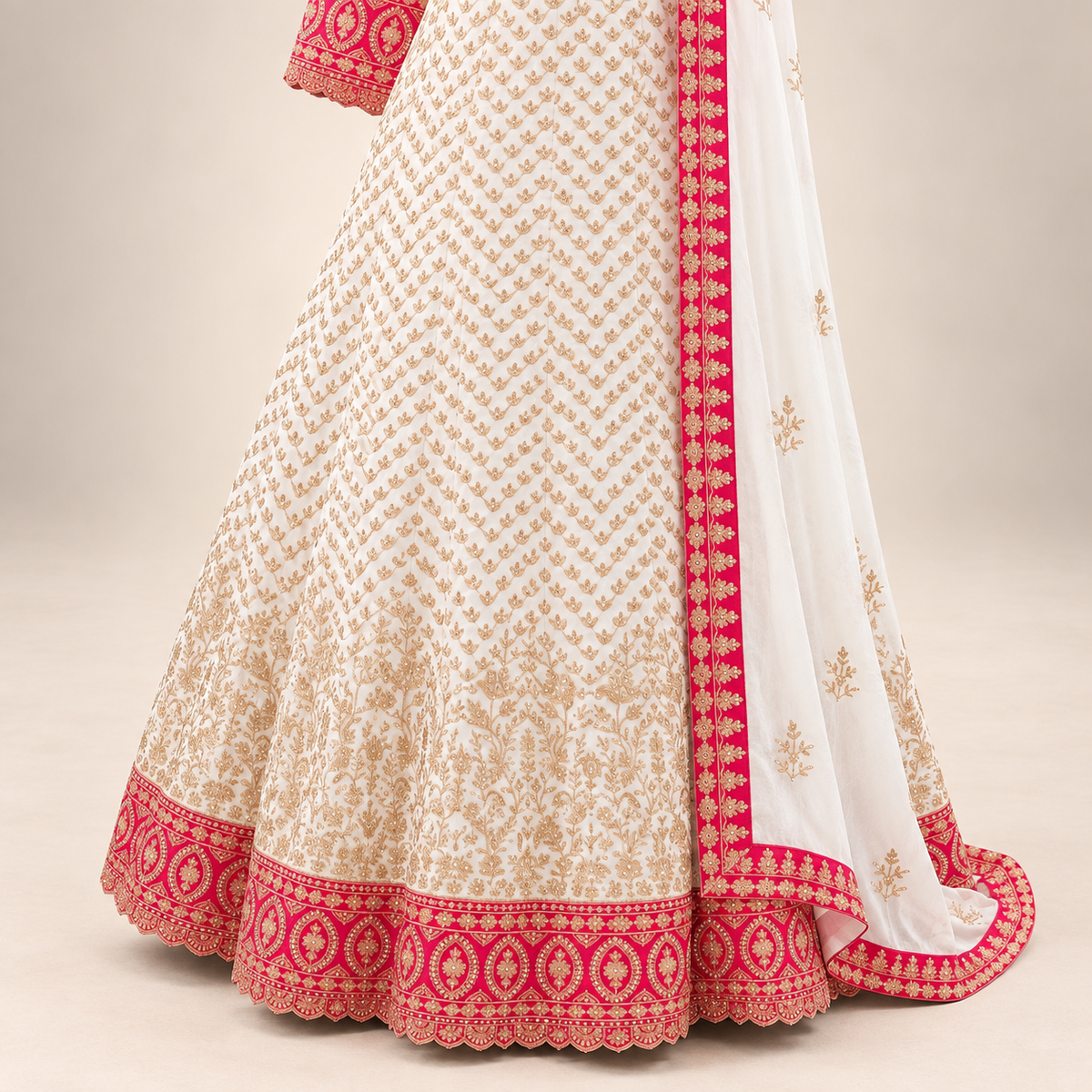 Cream Embroidered Georgette Gown with Contrast Pink Border &amp; Dupatta