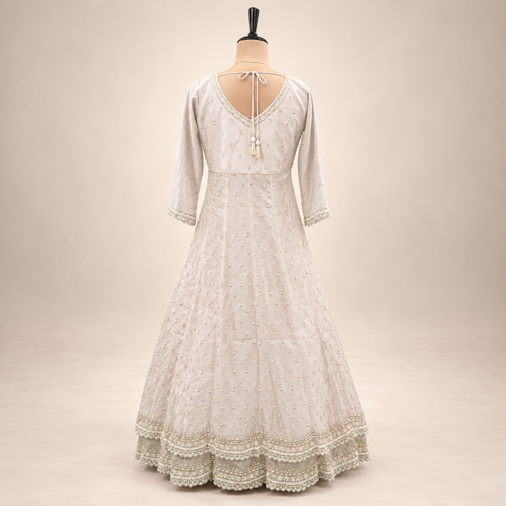 Cream Shimmer Silk Embroidered Front-Cut Gown with Dupatta