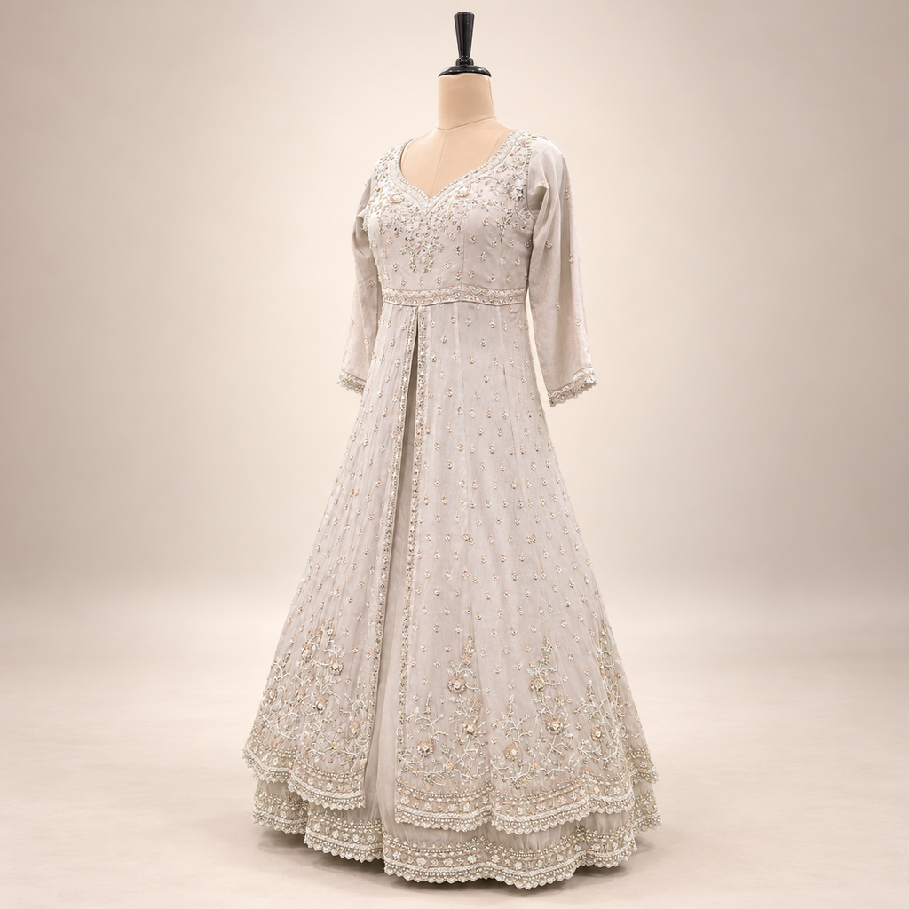 Cream Shimmer Silk Embroidered Front-Cut Gown with Dupatta
