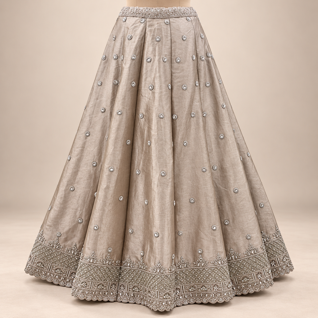 Cream Silk Front-Cut Embroidered Gown