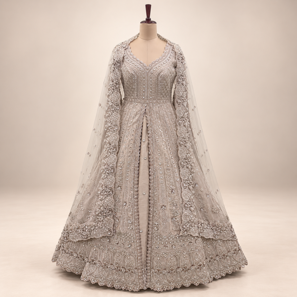 Cream Silk Front-Cut Embroidered Gown