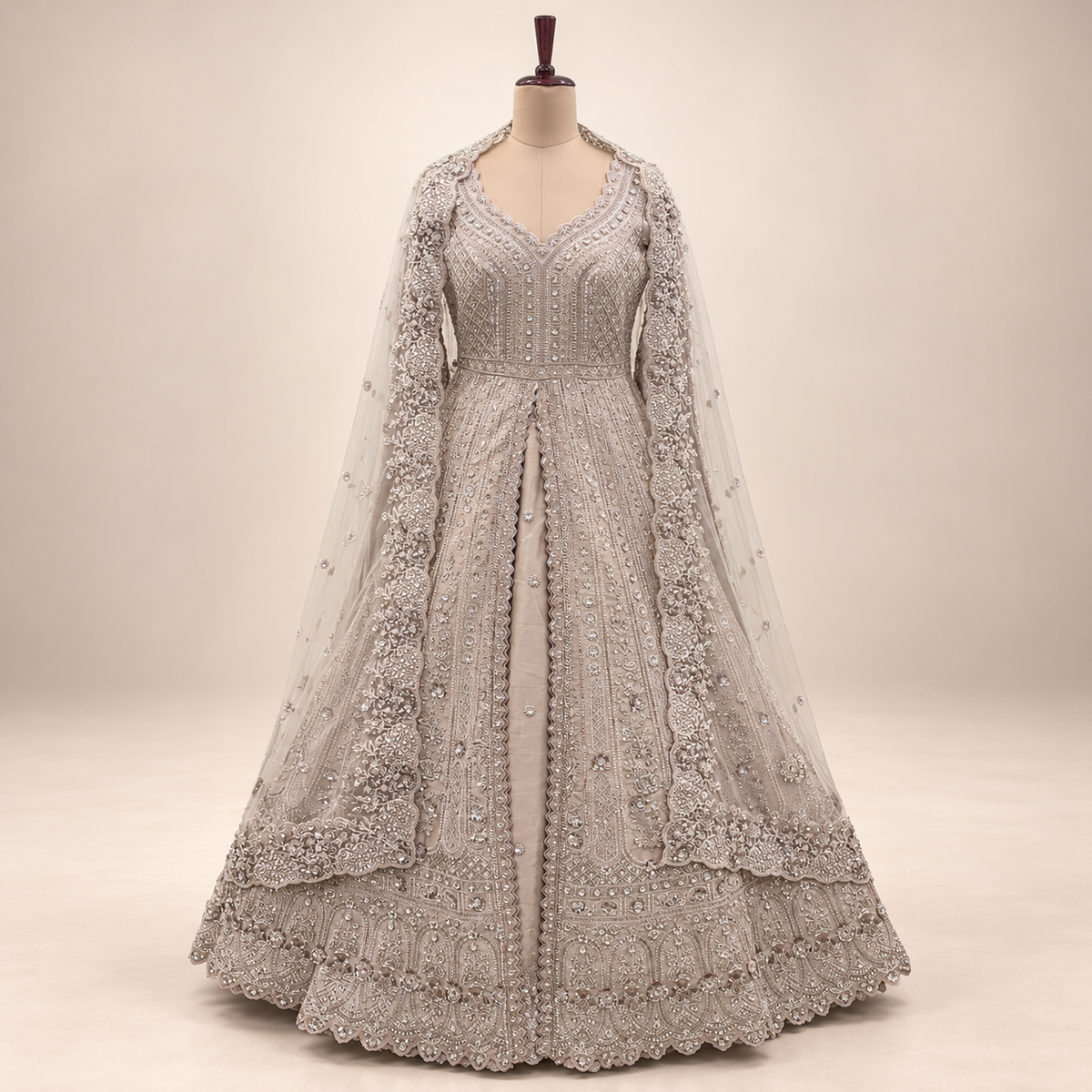 Cream Silk Front-Cut Embroidered Gown