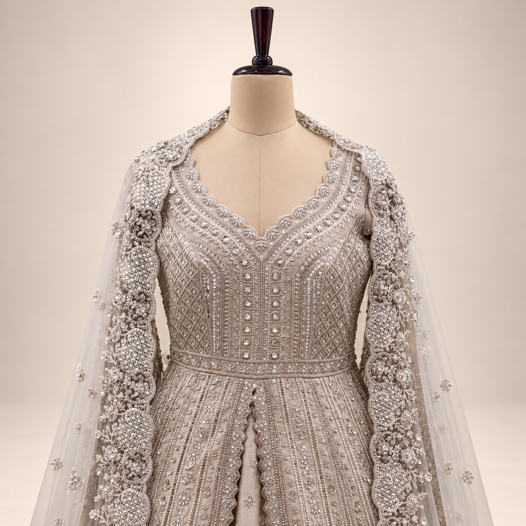 Cream Silk Front-Cut Embroidered Gown
