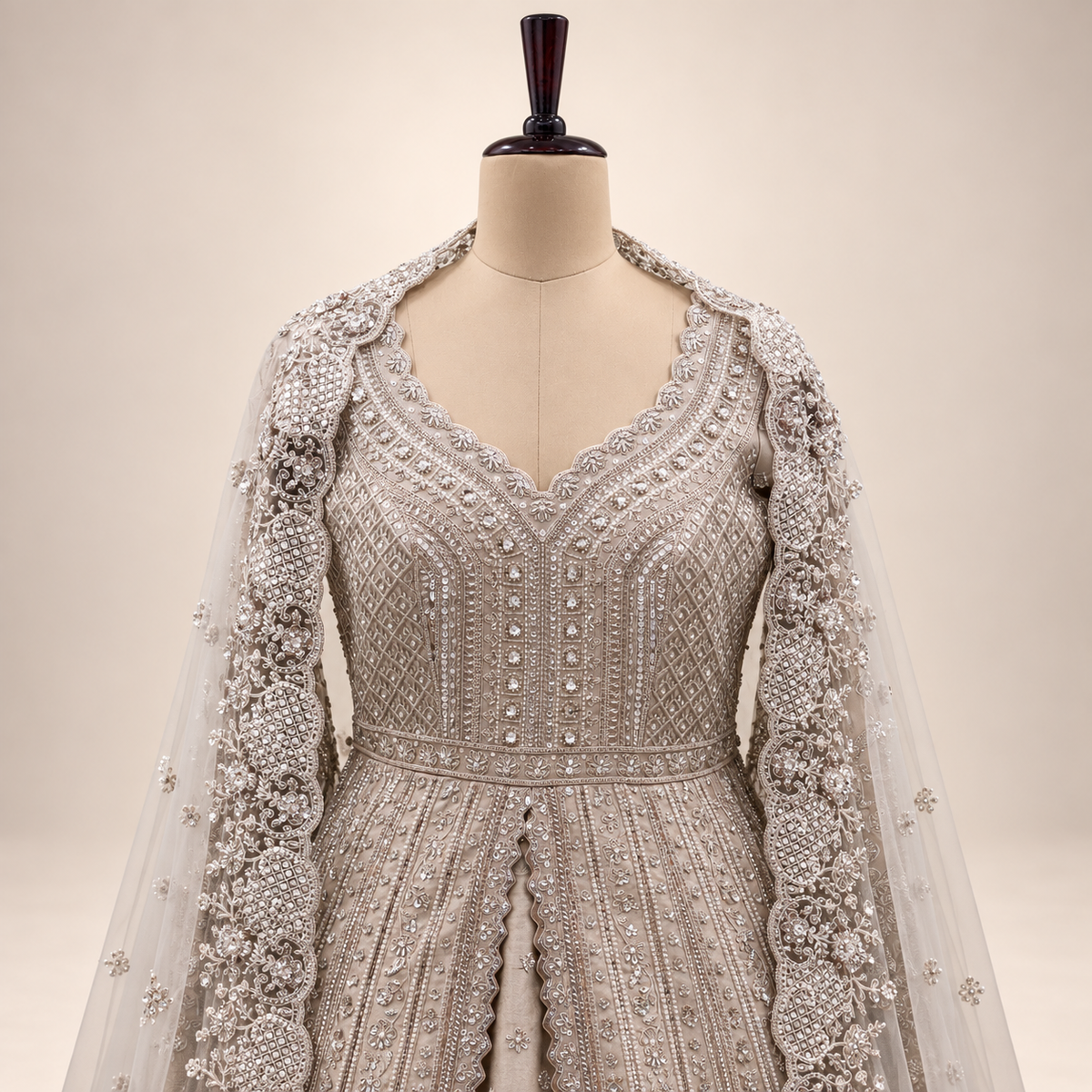 Cream Silk Front-Cut Embroidered Gown