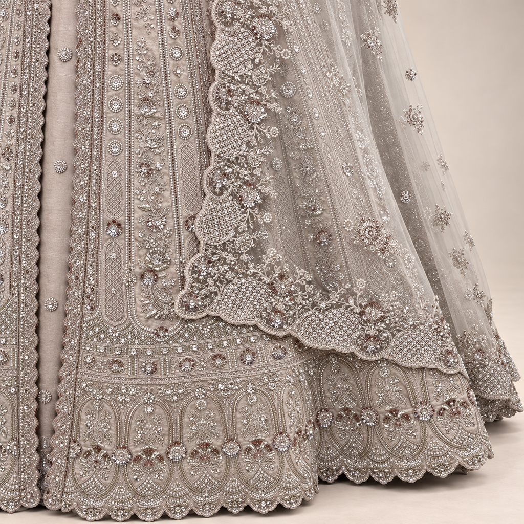 Cream Silk Front-Cut Embroidered Gown