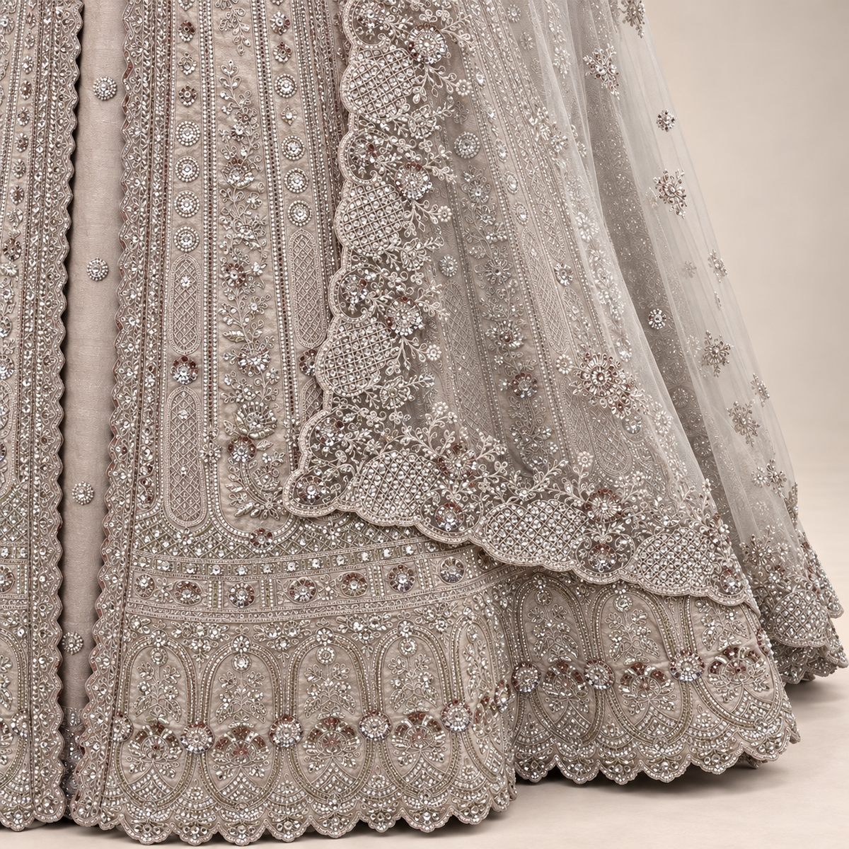 Cream Silk Front-Cut Embroidered Gown