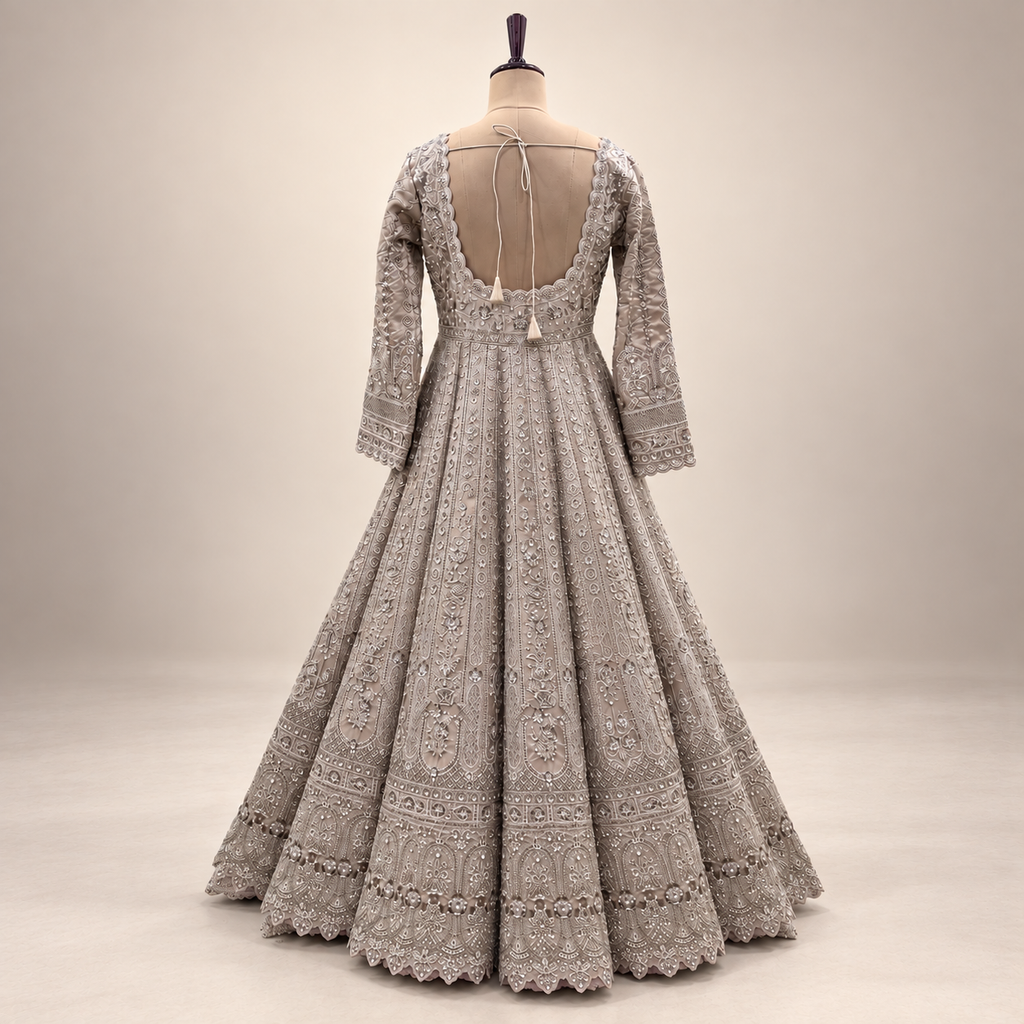Cream Silk Front-Cut Embroidered Gown