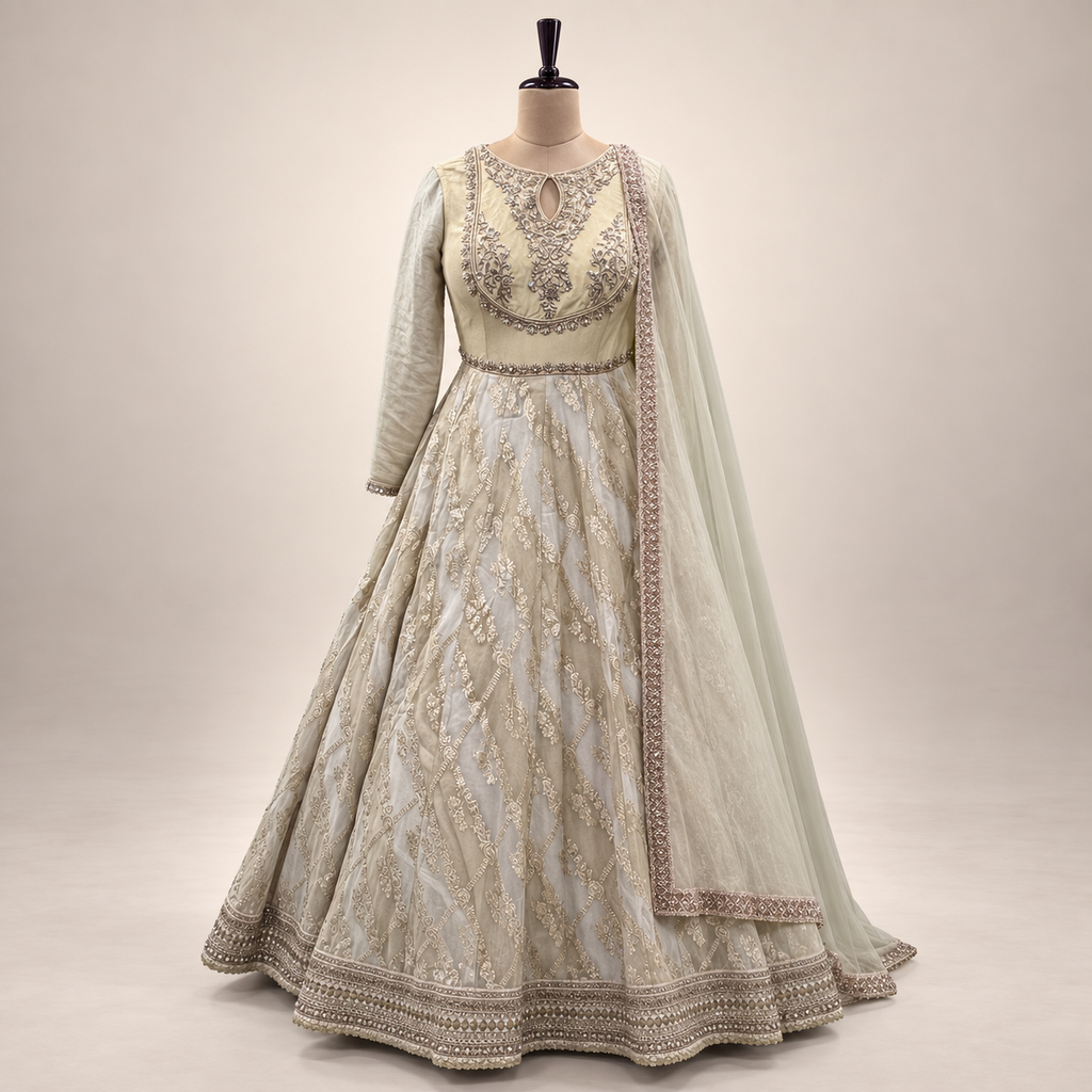 Beige Embroidered Gown with Dupatta