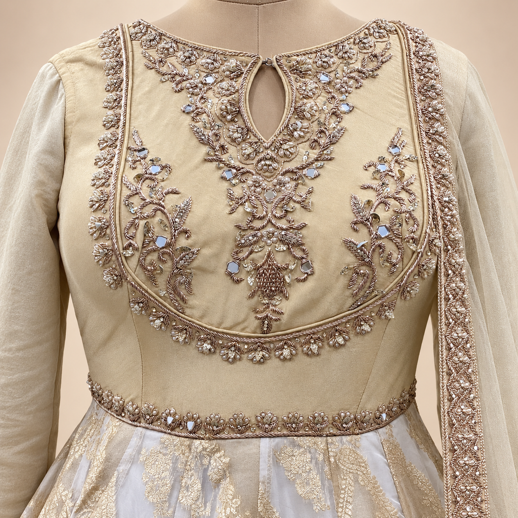 Beige Embroidered Gown with Dupatta