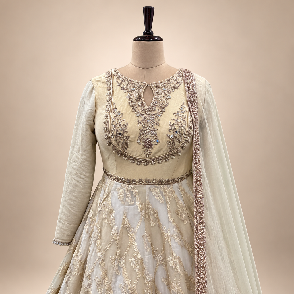 Beige Embroidered Gown with Dupatta