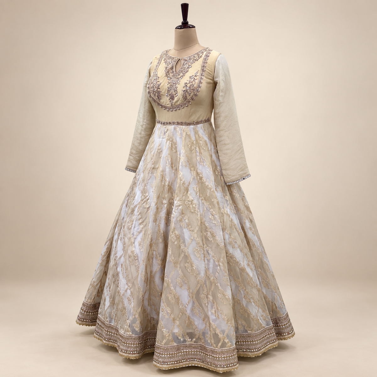 Beige Embroidered Gown with Dupatta