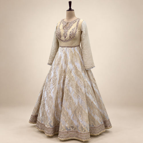 Beige Embroidered Gown with Dupatta