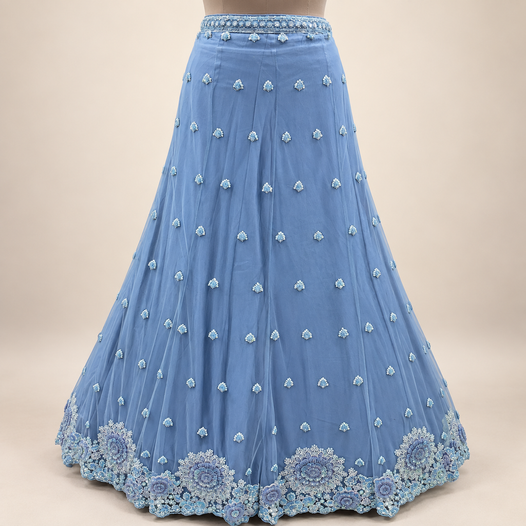 Sky Blue Front-Cut Embroidered Net Gown