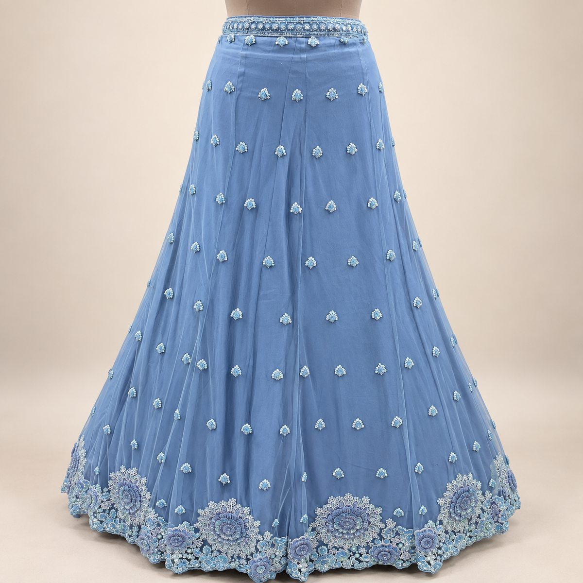 Sky Blue Front-Cut Embroidered Net Gown