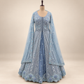 Sky Blue Front-Cut Embroidered Net Gown