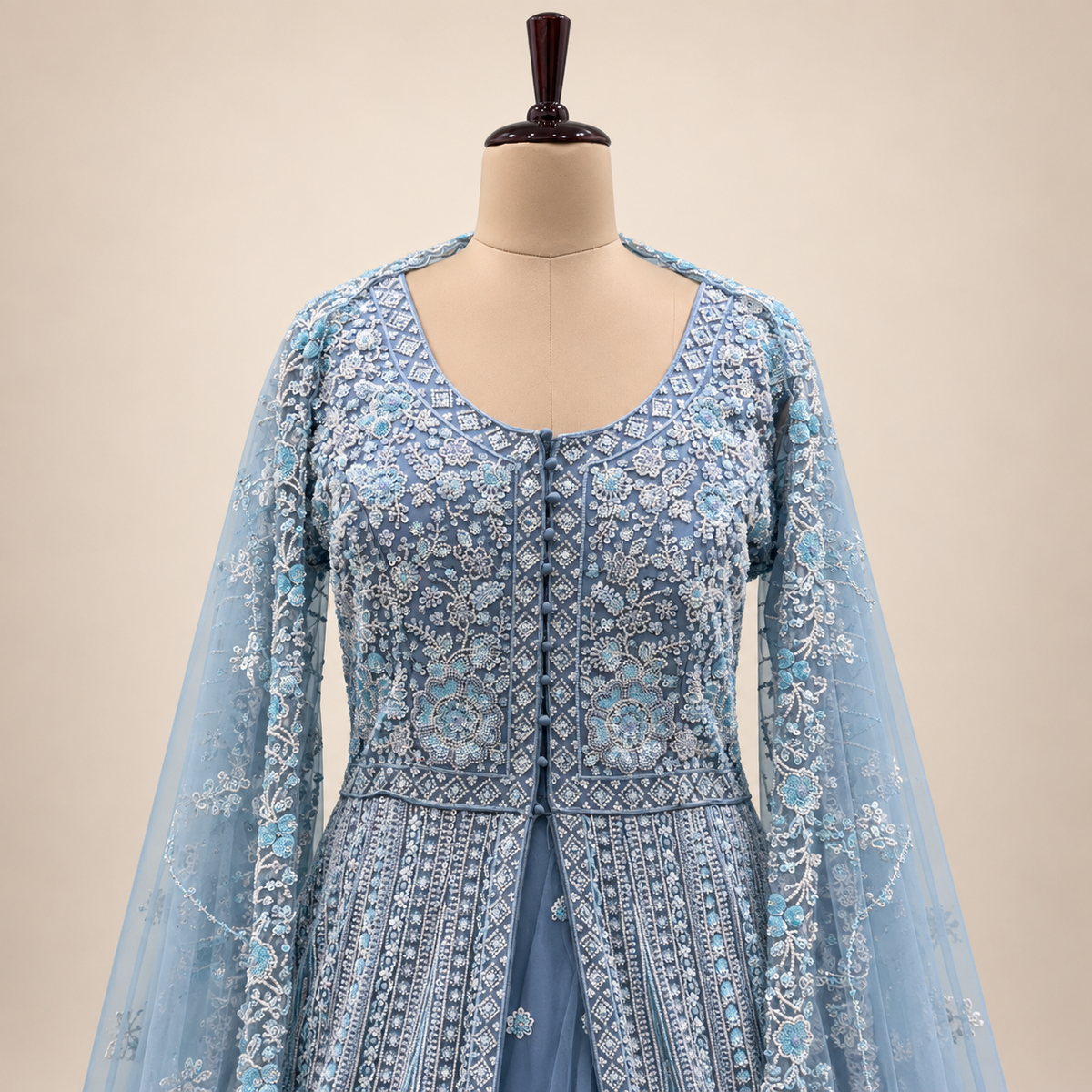 Sky Blue Front-Cut Embroidered Net Gown