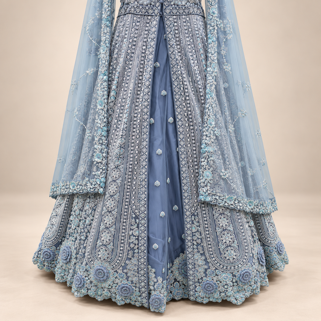 Sky Blue Front-Cut Embroidered Net Gown