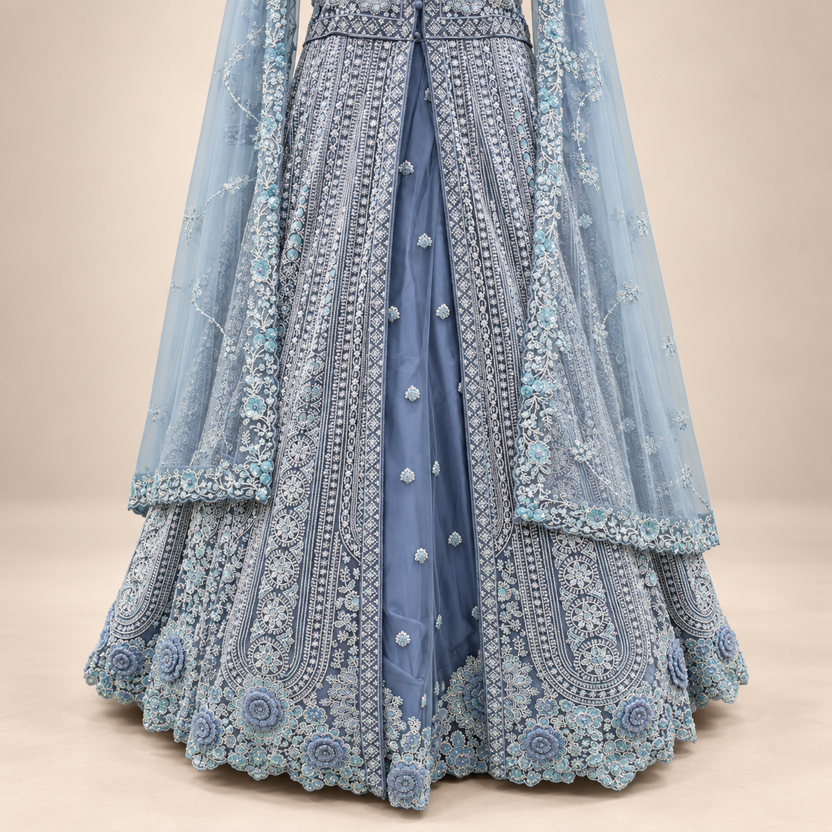 Sky Blue Front-Cut Embroidered Net Gown