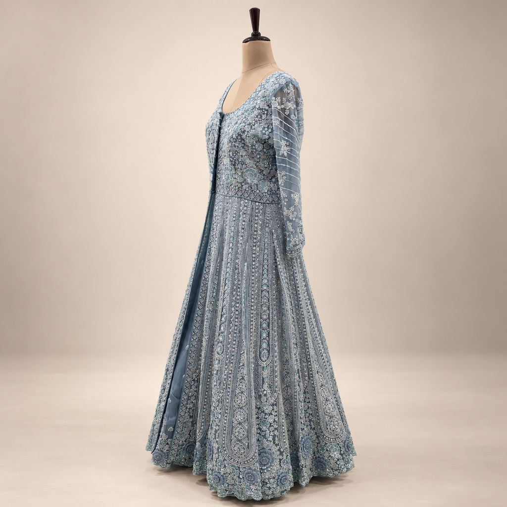 Sky Blue Front-Cut Embroidered Net Gown