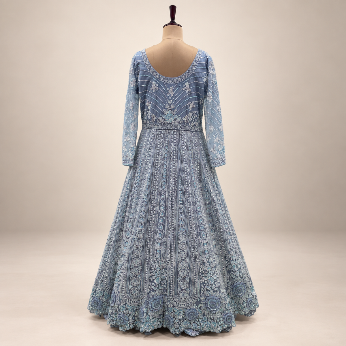 Sky Blue Front-Cut Embroidered Net Gown