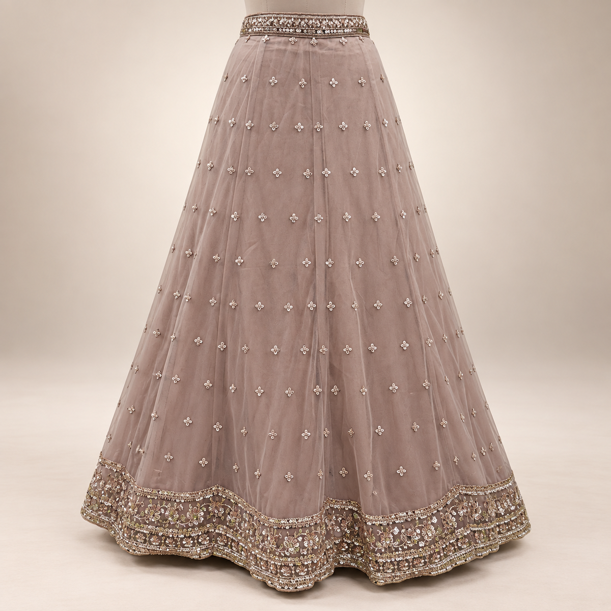 Beige Embroidered Front-Cut Gown with Sheer Dupatta