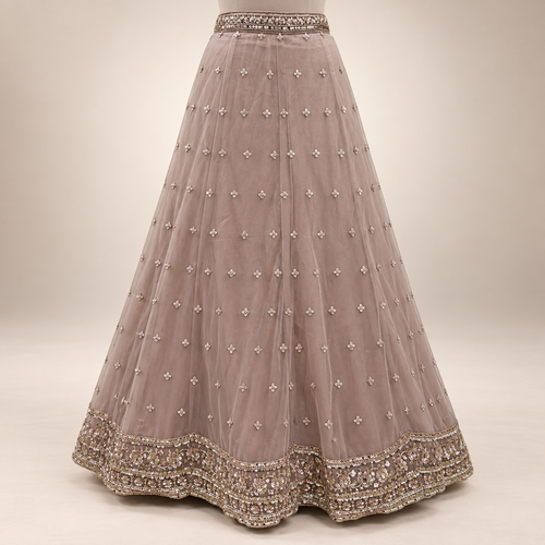 Beige Embroidered Front-Cut Gown with Sheer Dupatta