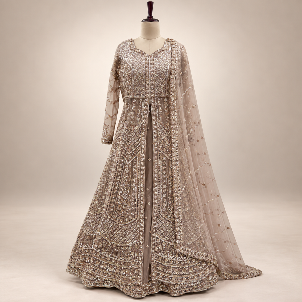 Beige Embroidered Front-Cut Gown with Sheer Dupatta