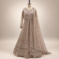 Beige Embroidered Front-Cut Gown with Sheer Dupatta